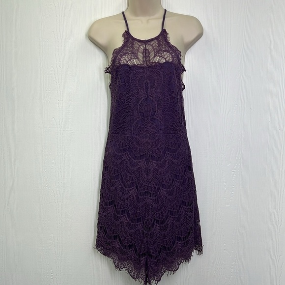 Free People - She Got It Eyelash Purple Lace Lined Spaghetti Strap Slip Dress M - Picture 4 of 13